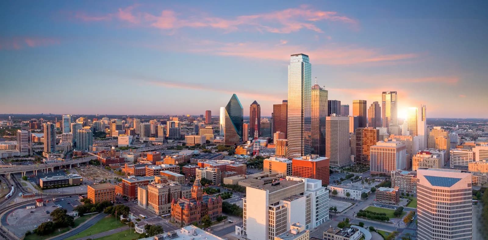 Downtown Dallas skyline at dusk